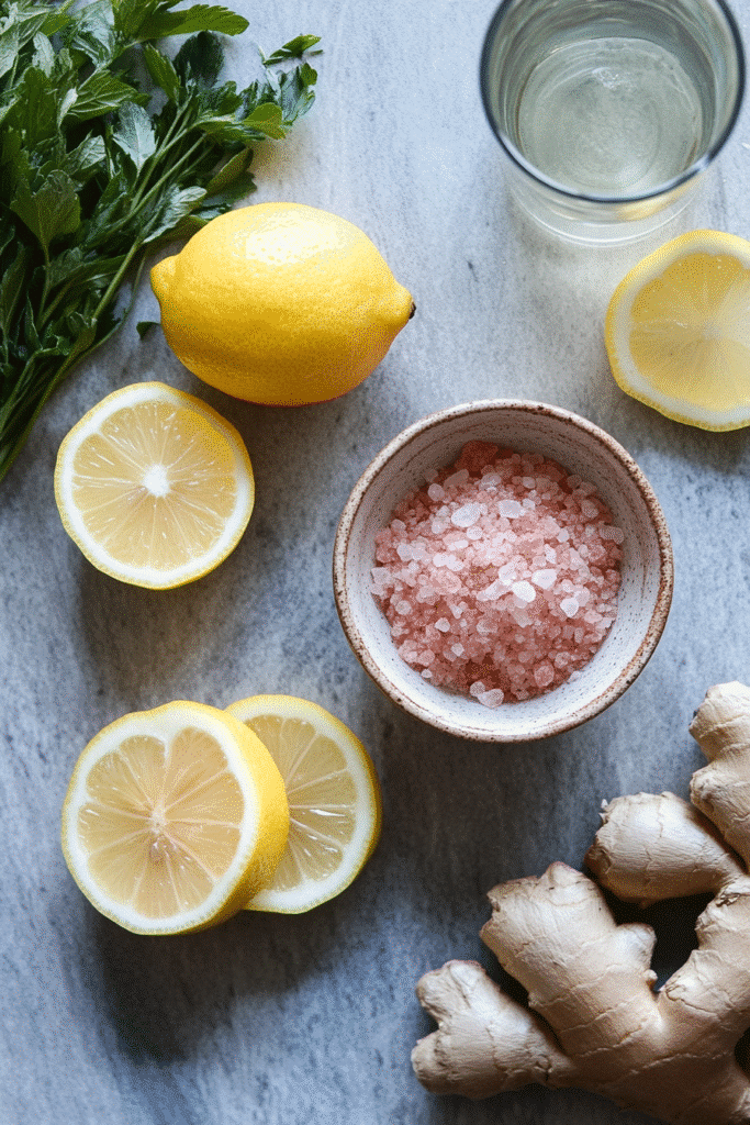 Ingredients for lemon and pink salt detox drink