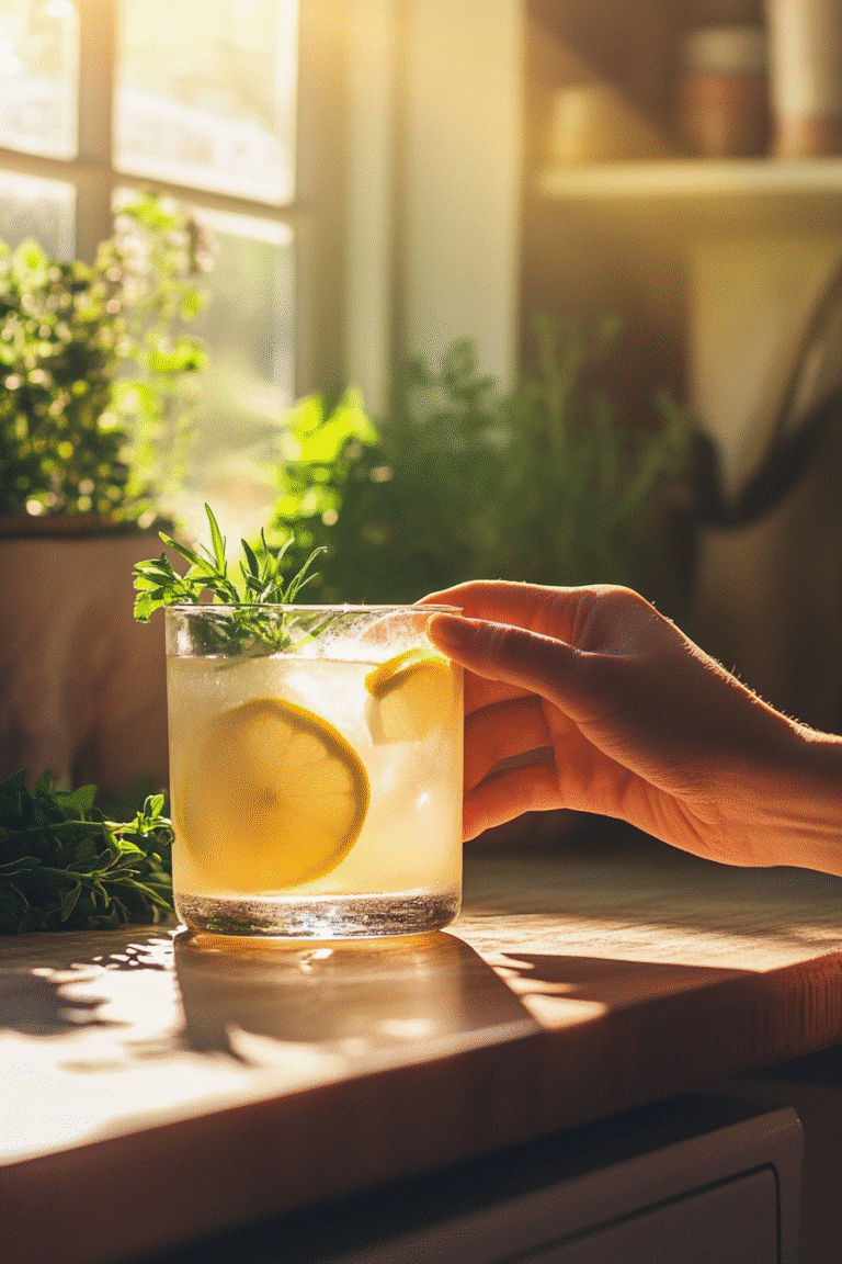 Detox drink with lemon and pink salt served in clear glass