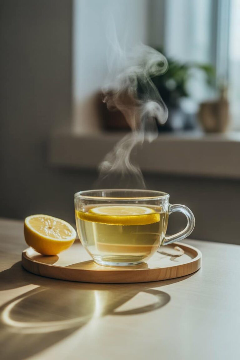 Cup of green tea with apple cider vinegar on a wooden table.