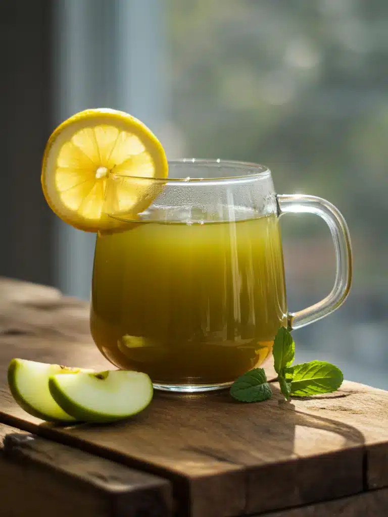 Close-up of green tea apple cider vinegar drink with lemon