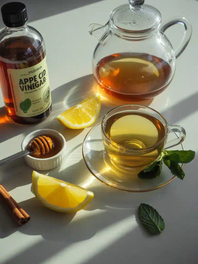 Ingredients for green tea apple cider vinegar drink laid out flat
