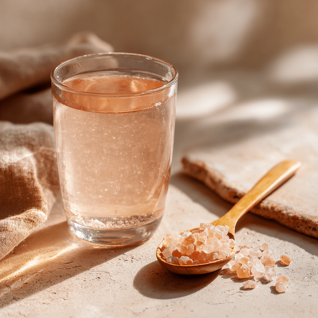 Himalayan salt detox drink close-up on kitchen counter