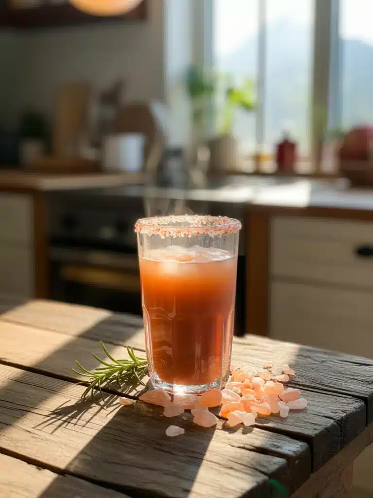 Close-up of pink Himalayan salt detox drink on rustic table