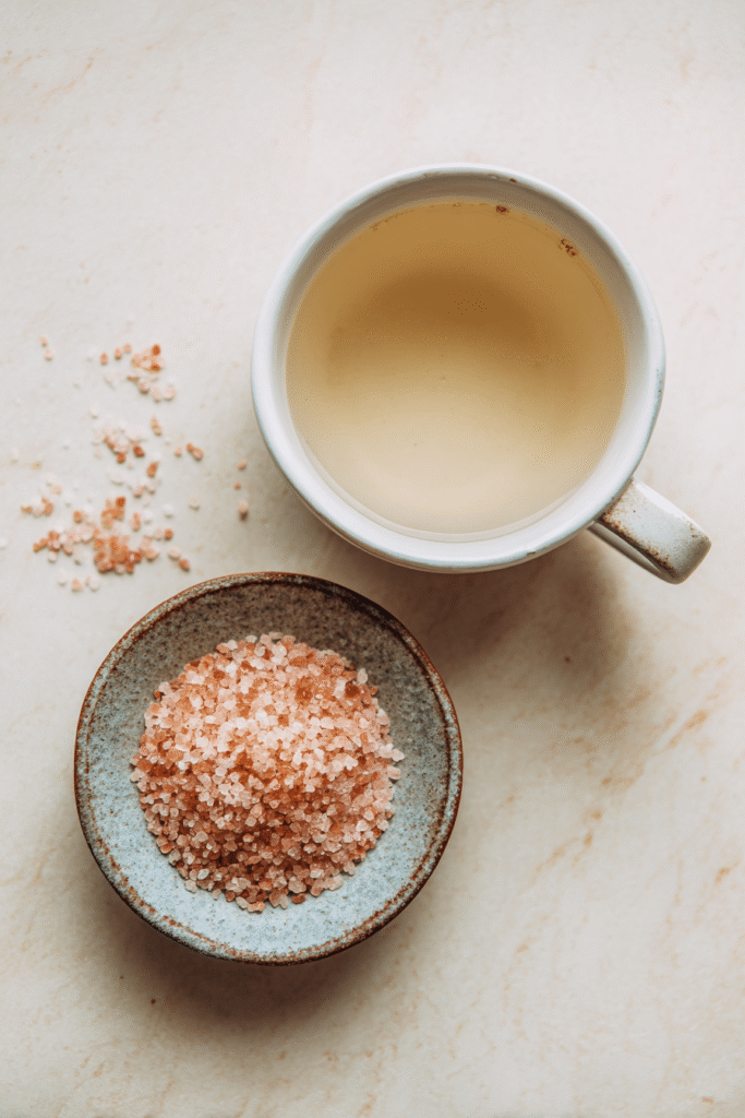 Ingredients for Himalayan salt detox drink including water, salt, lemon, vinegar