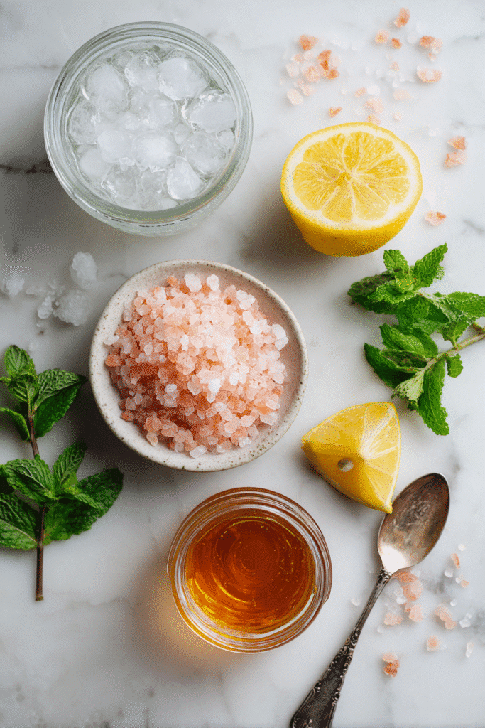 ngredients for Himalayan salt ice hack laid out on marble