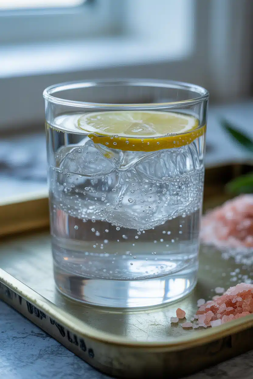 Close-up of Himalayan salt ice hack drink with lemon and crushed ice