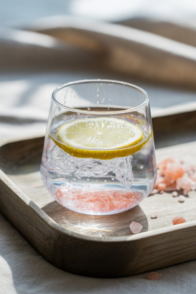 Close-up of Himalayan salt ice hack drink with lemon and crushed ice