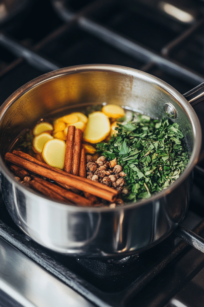 Preparing herbal blend for Mounjaro tea in saucepan