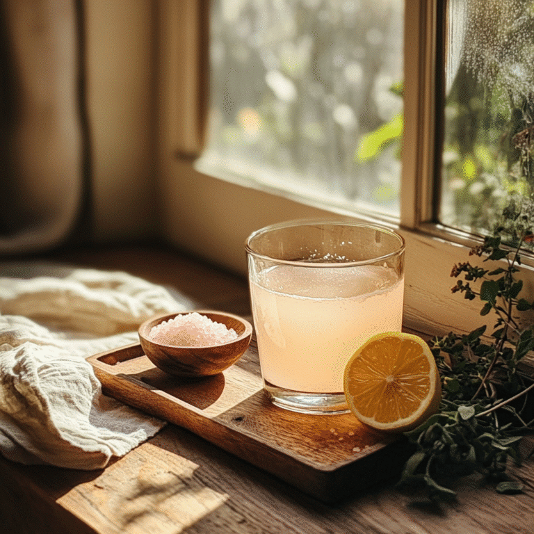 Served pink salt detox drink with lemon on wooden tray