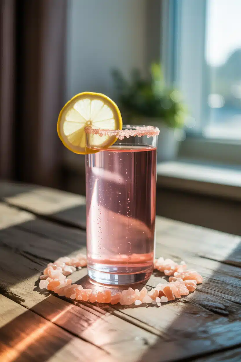 Pink salt detox drink made with lemon and Himalayan salt