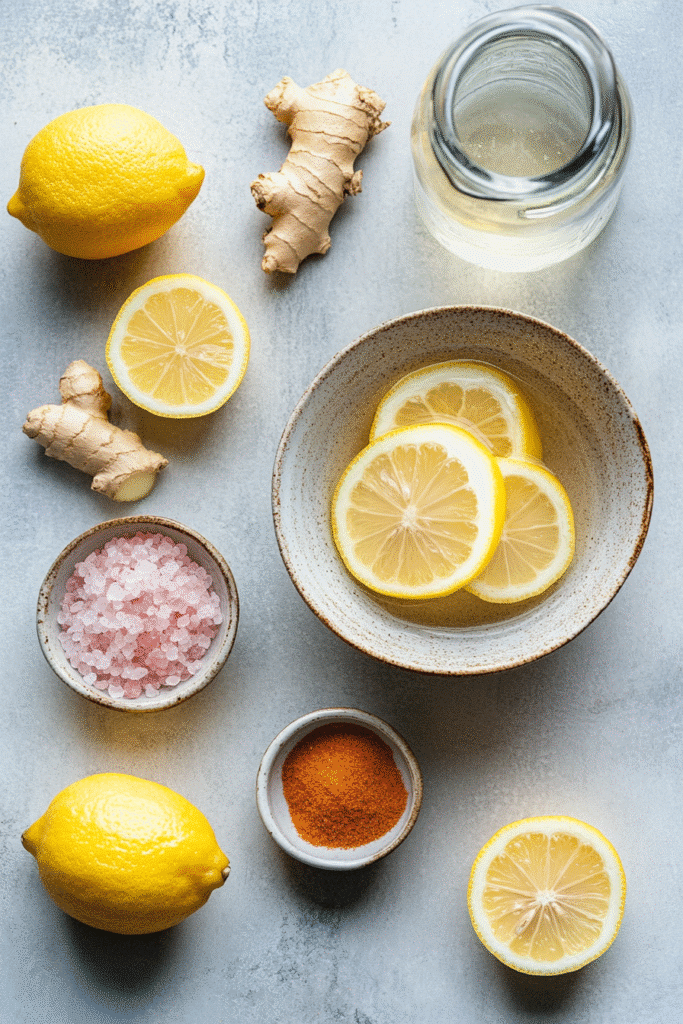 Ingredients for pink salt detox drink including lemon and Himalayan salt