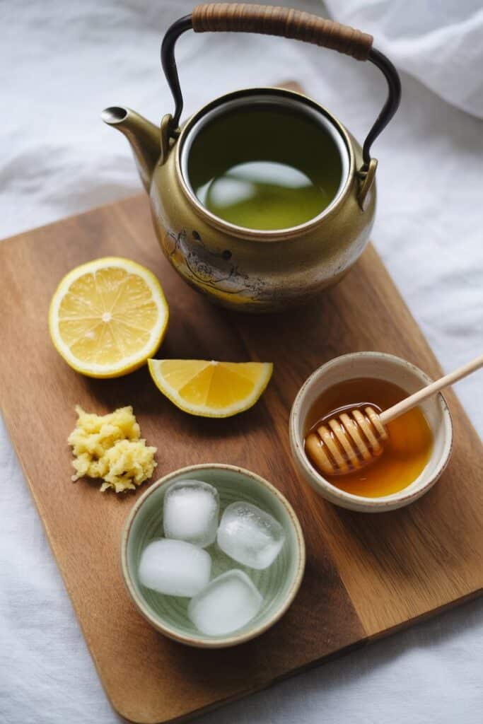 Ingredients for Japanese mounjaro recipe with tea, citrus, and ginger.