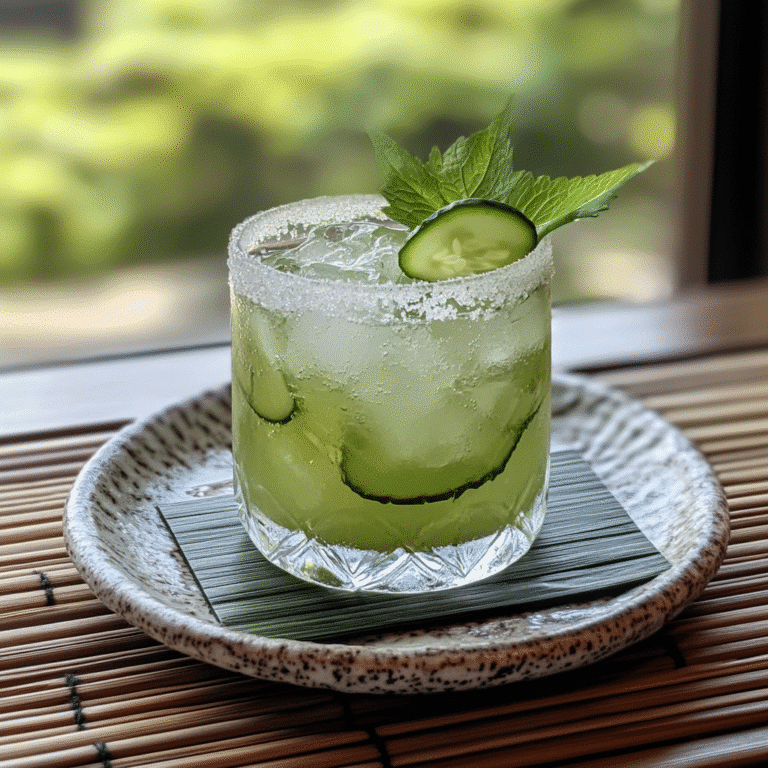 Served Japanese Mounjaro drink with shiso leaf and cucumber garnish