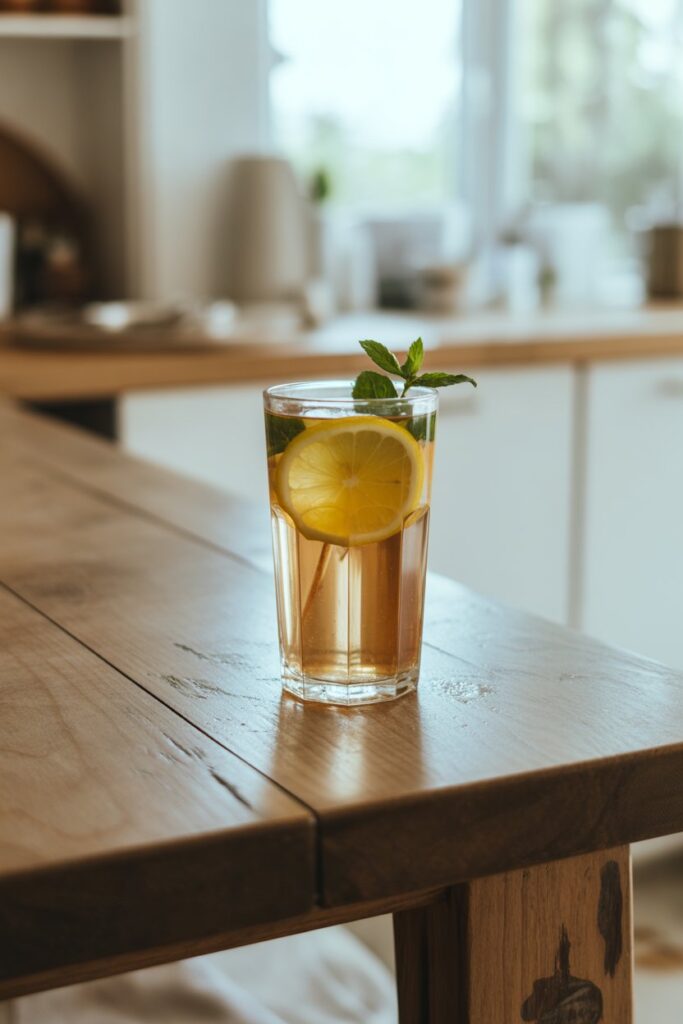 Apple cider vinegar detox drink with lemon and mint.