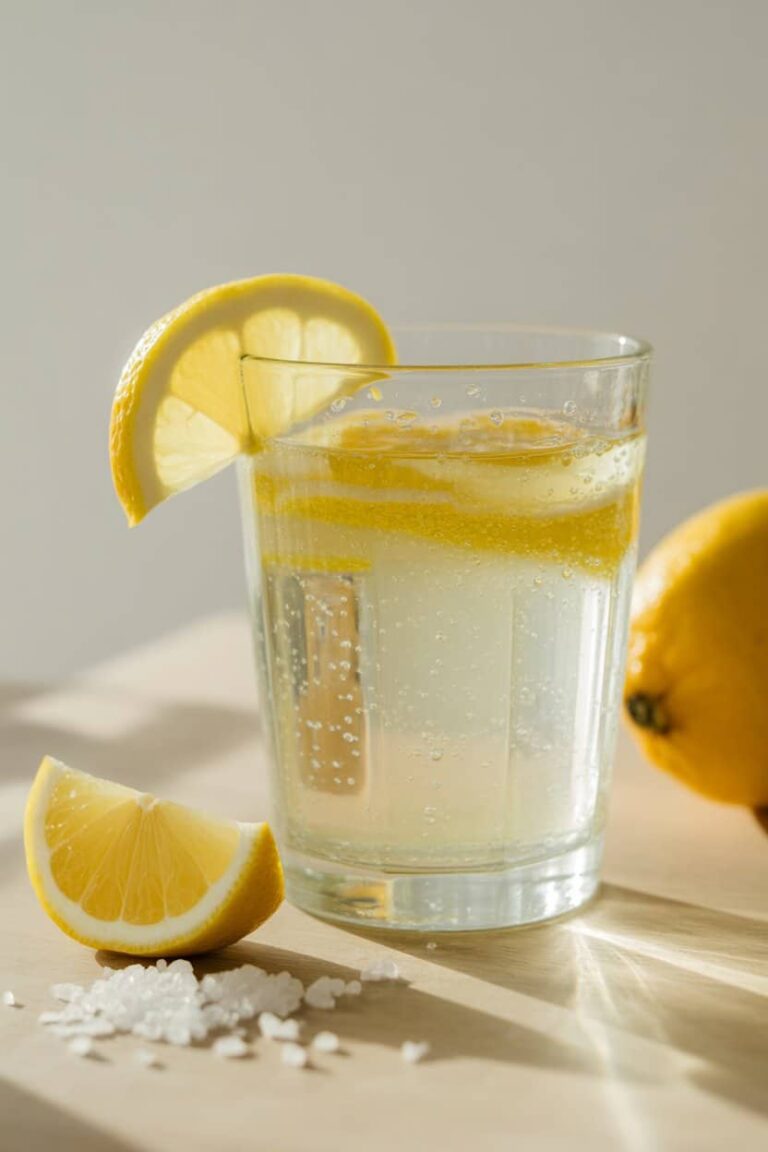 Close-up of a natural energy drink with salt in a clear glass with lemon