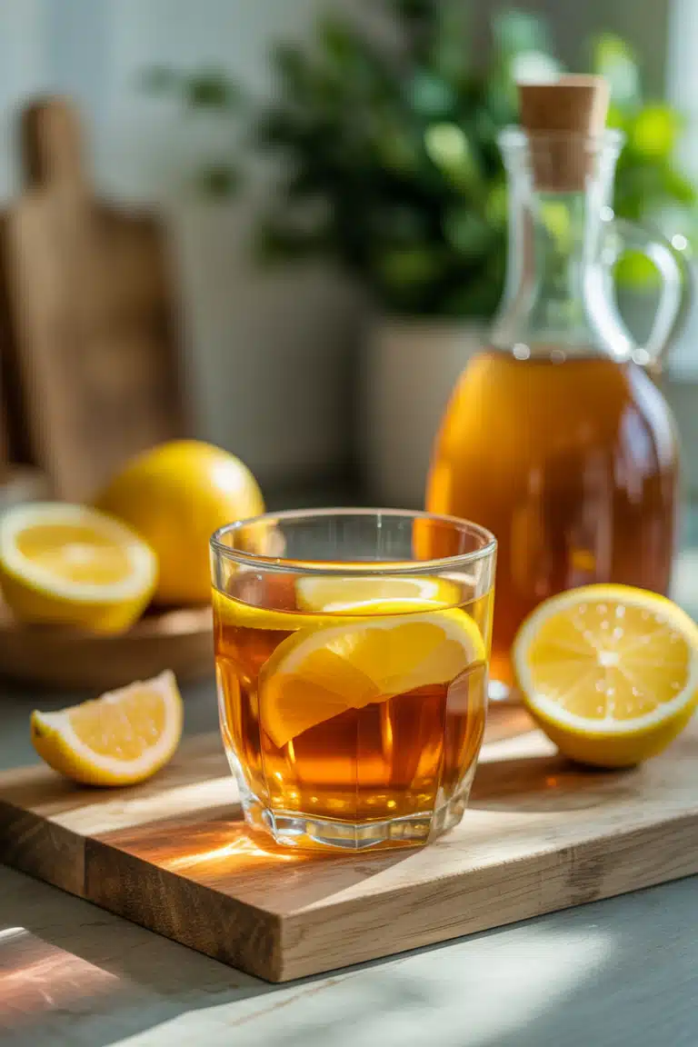 Close-up of lemon juice apple cider vinegar drink with lemon and ACV bottle