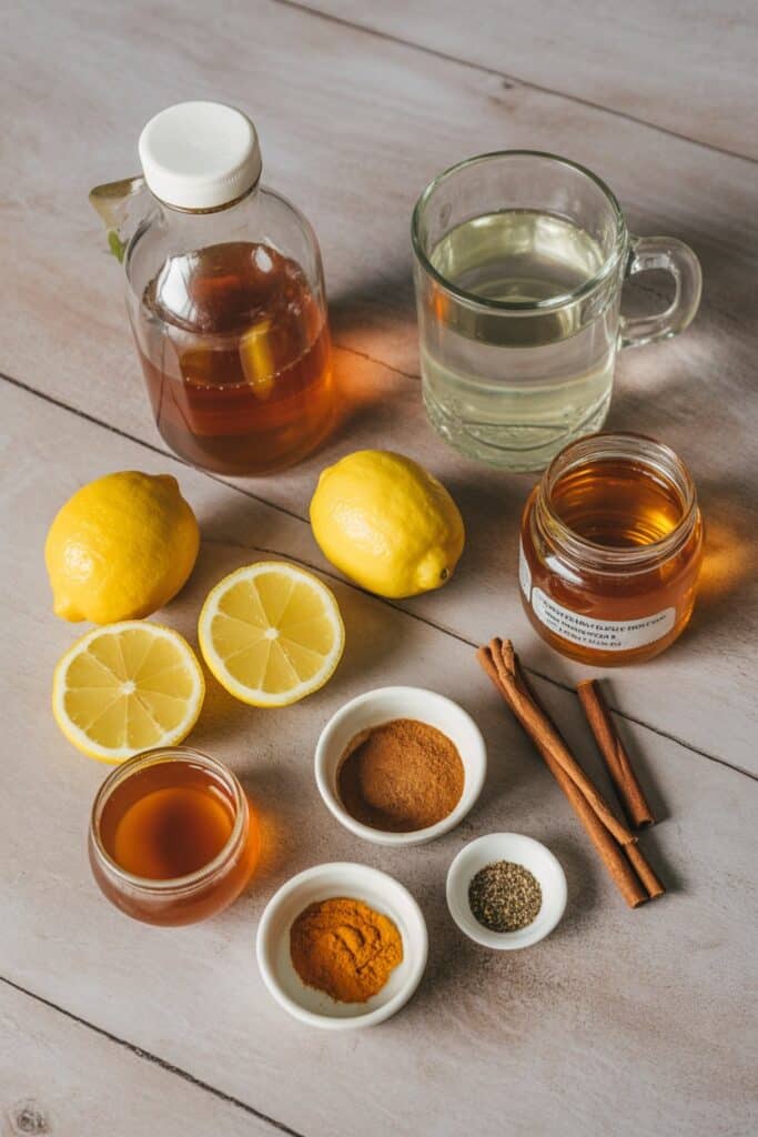 Ingredients for lemon juice apple cider vinegar drink including honey and spices