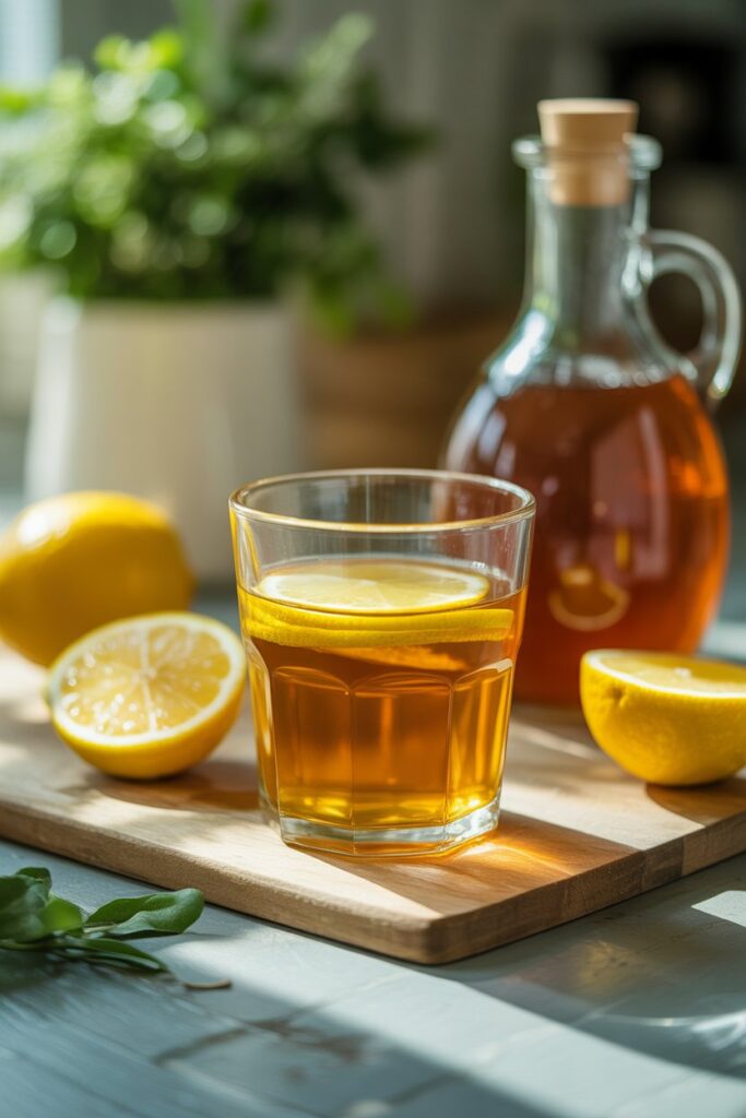 Close-up of lemon juice apple cider vinegar drink with lemon and ACV bottle