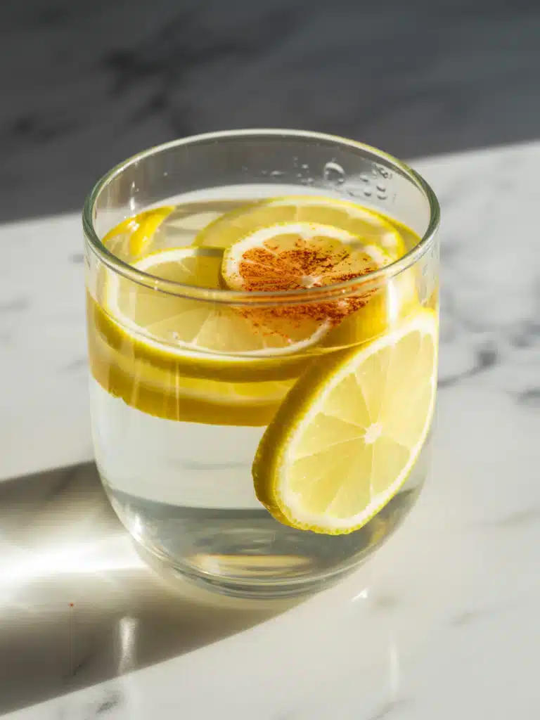 Close-up of Mounjaro drink recipe for weight loss with lemon, cayenne, and ginger