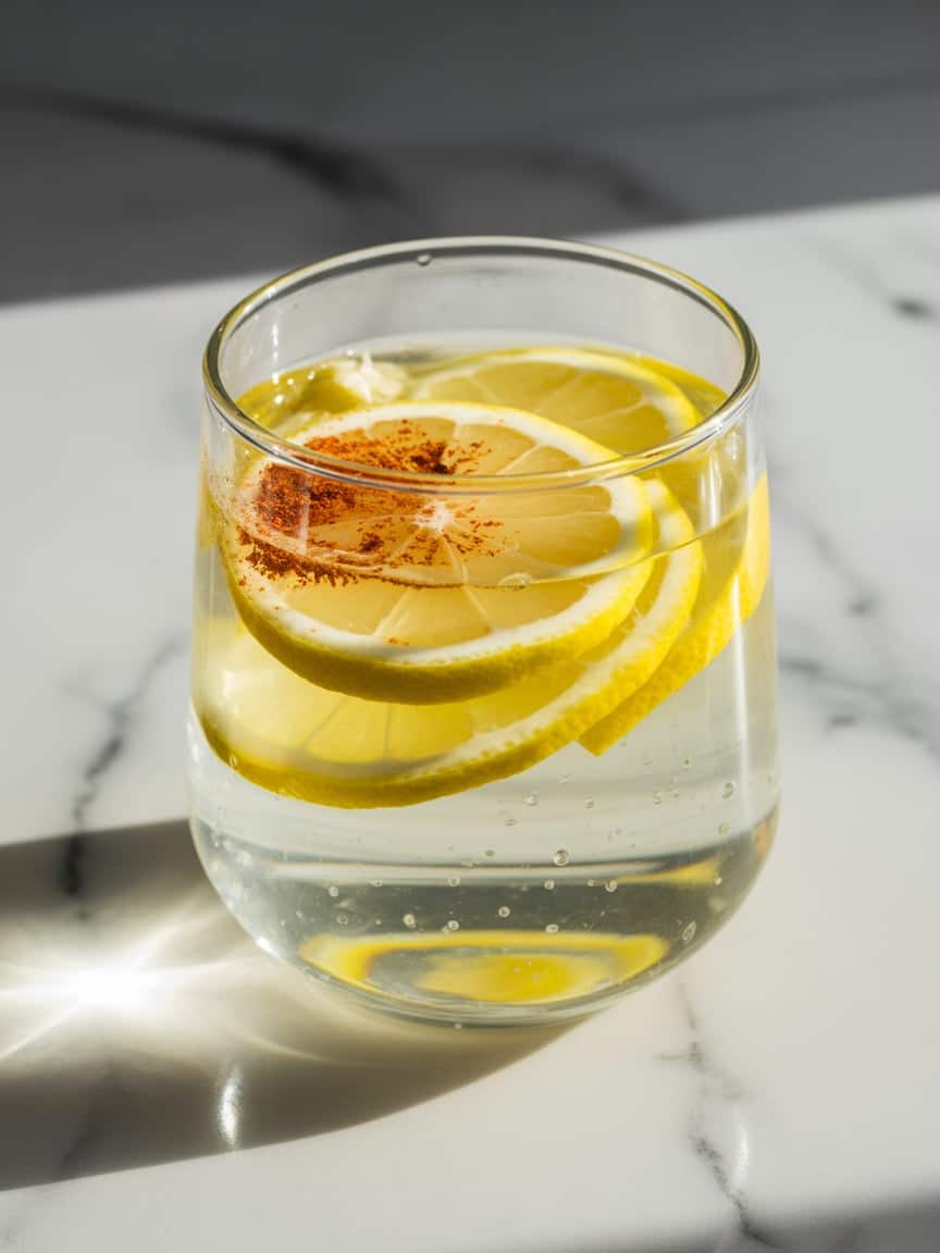 Close-up of Mounjaro drink recipe for weight loss with lemon, cayenne, and ginger