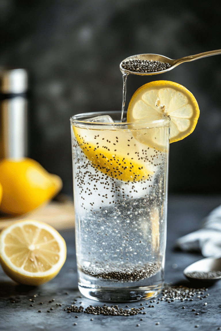 Evening mounjaro drink with chia gel, lemon garnish, and cozy setup
