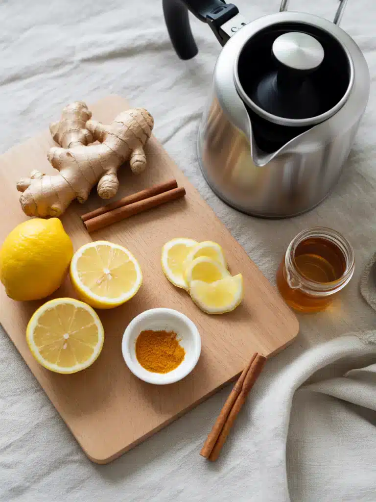 Ingredients for Mounjaro tea recipe for weight loss including lemon, ginger, and cinnamon