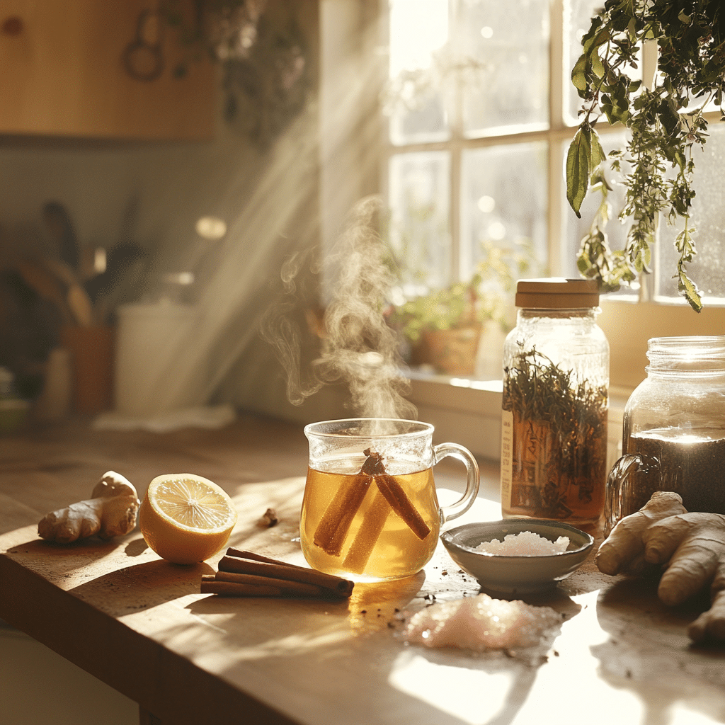 Mounjaro tea recipe for weight loss with lemon, ginger, and cinnamon on a rustic kitchen counter