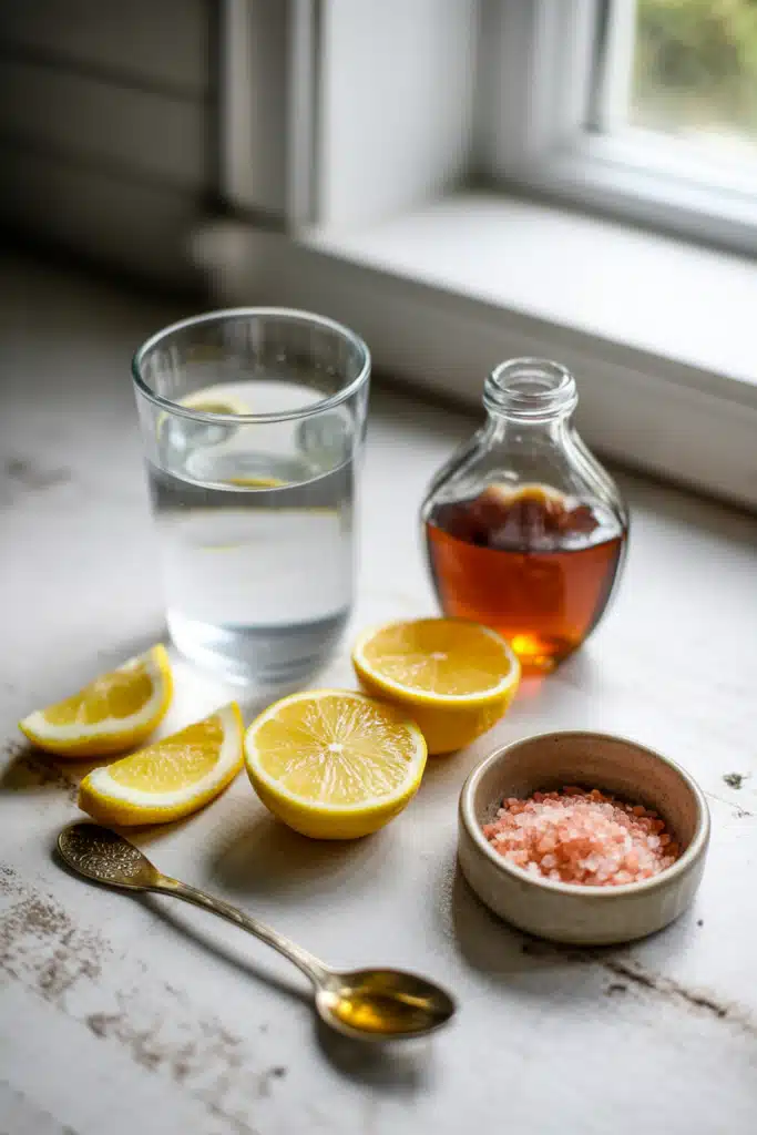 Ingredients for natural energy drink with salt including lemon and honey