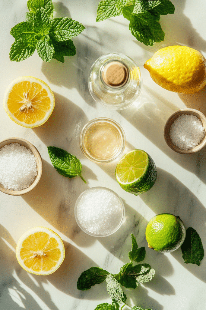 Ingredients for natural energy drink with salt, citrus, and honey