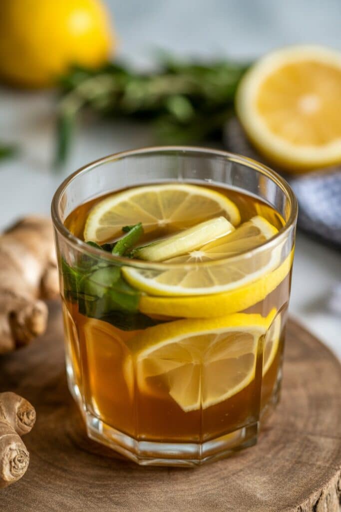 Natural Mounjaro drink with lemon and ginger in glass