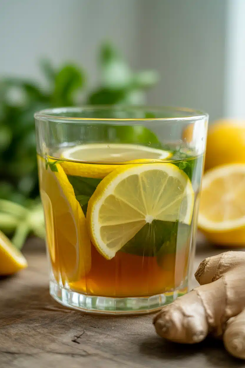 Natural Mounjaro drink with lemon and ginger in glass