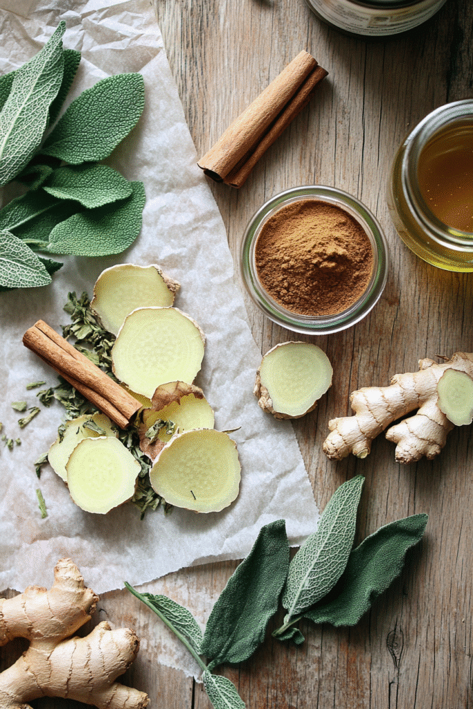 Ingredients for natural Mounjaro tea including yerba mate, ginger, and lemon balm