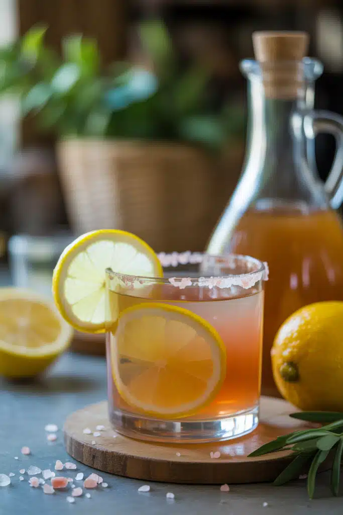 Glass of 4 ingredient mounjaro recipe with lemon and pink salt.