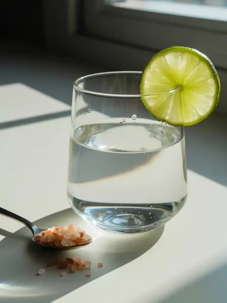 Close-up of salt and lime morning remedy in a glass