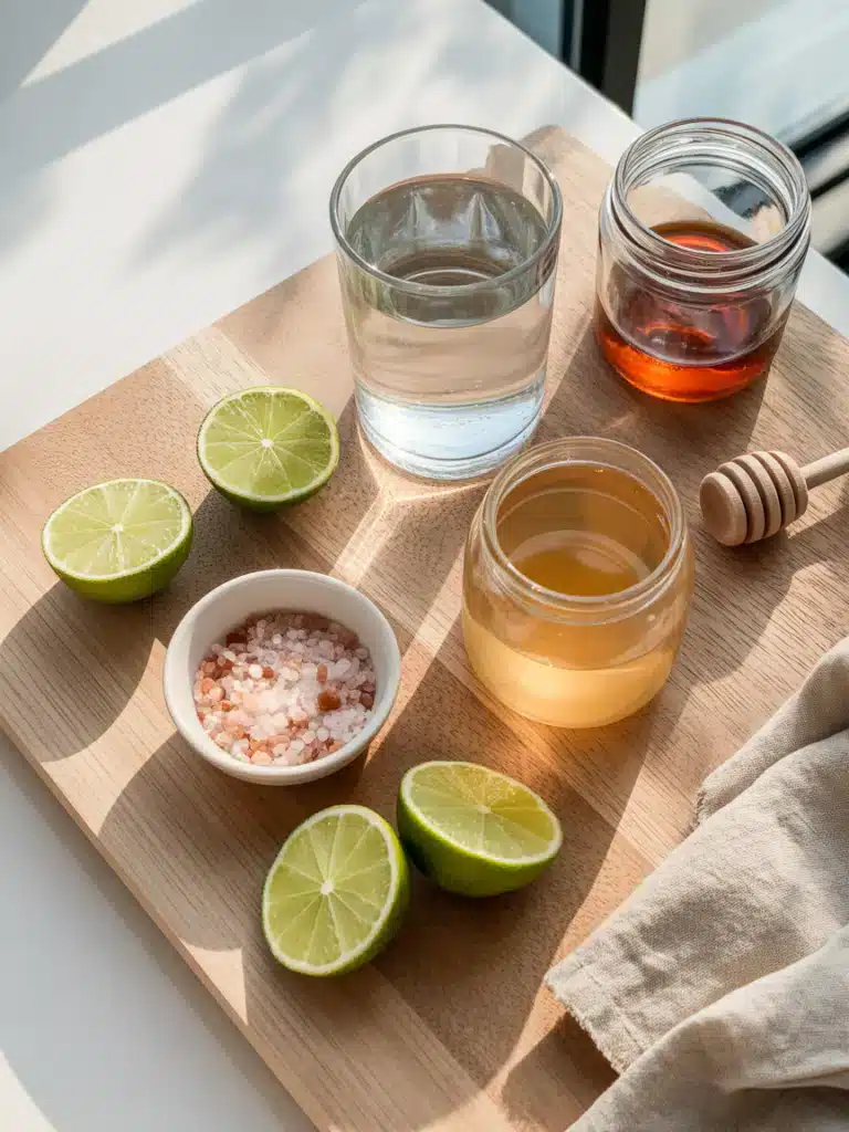 Ingredients for salt and lime morning remedy with lime, Himalayan salt, and warm water
