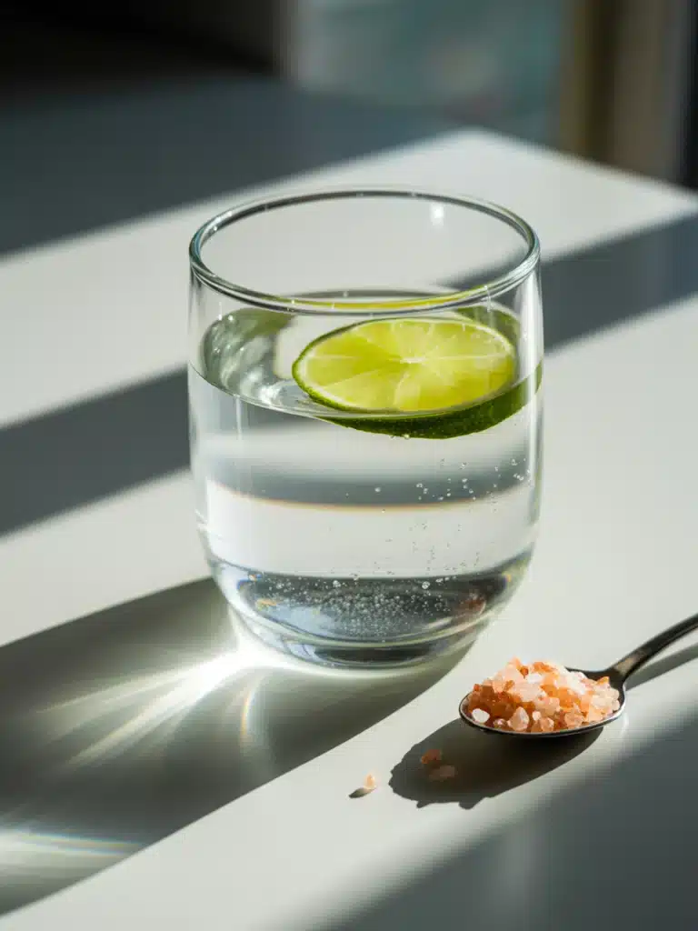 Close-up of salt and lime morning remedy in a glass