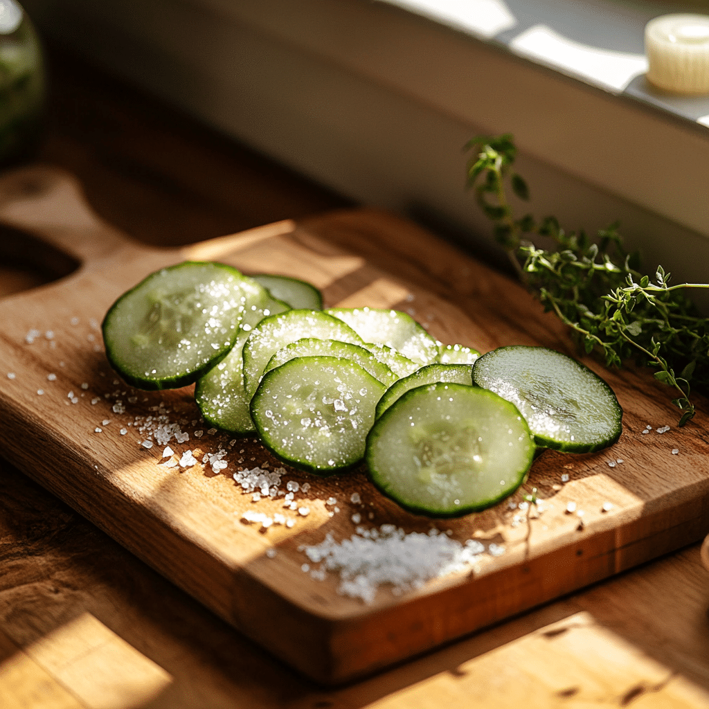 salt trick slices cucumbers resting on a wooden board