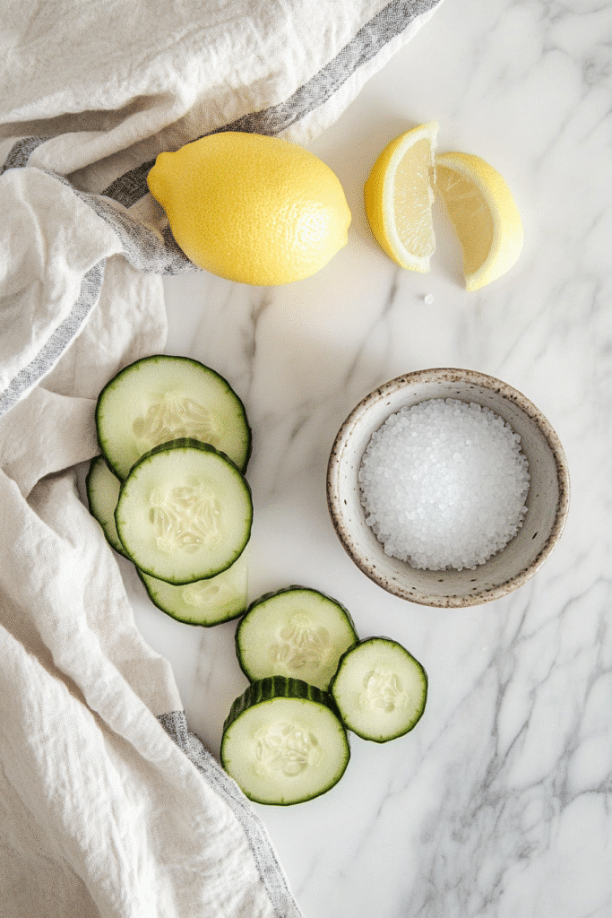 Ingredient layout for applying the salt trick to cucumbers, showing the tools and setup for optimal prep.