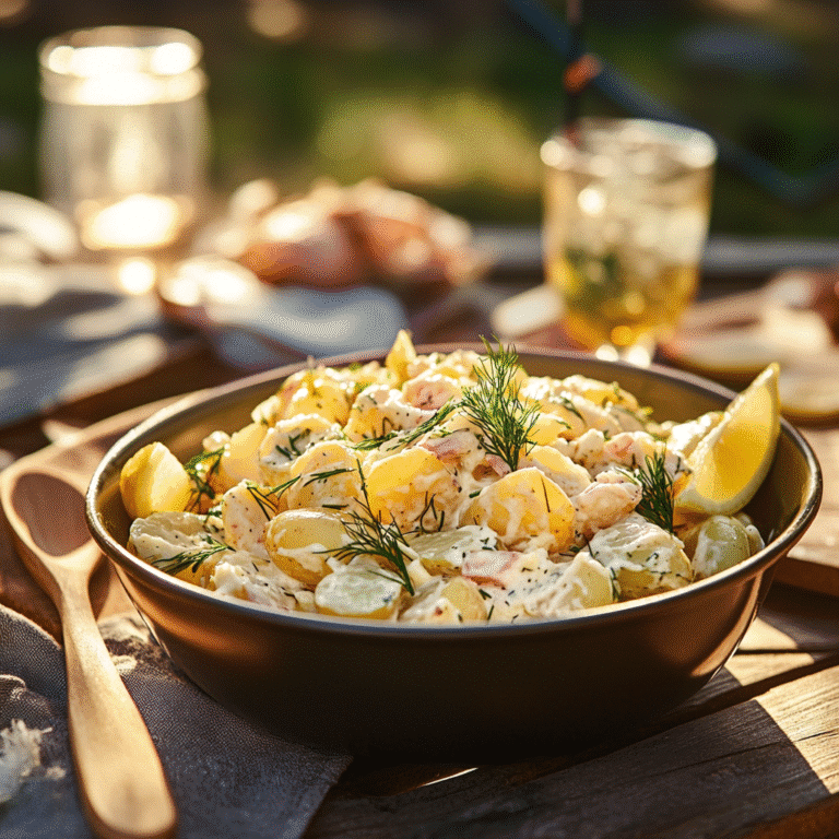 Serving potato salad at summer picnic with garnish