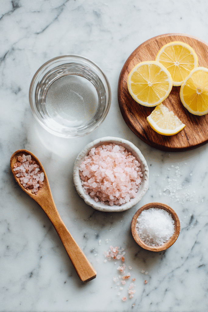 Ingredients for warm saltwater cleanse recipe including pink salt, lemon, and warm water