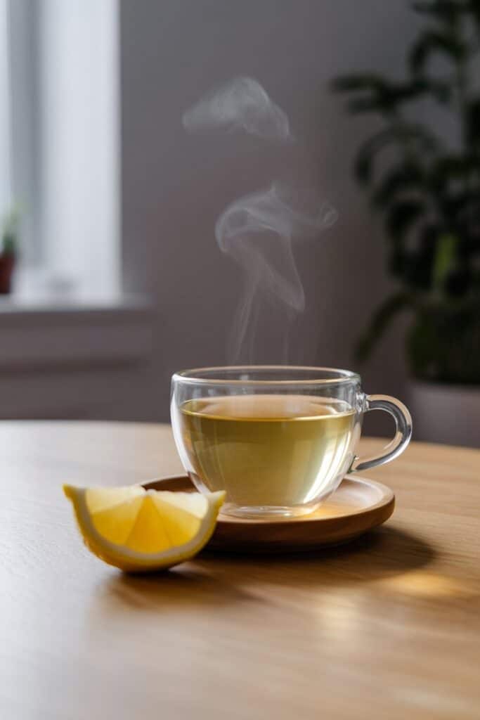 Cup of green tea with apple cider vinegar on a wooden table.