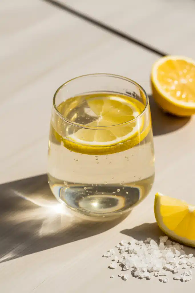 Close-up of a natural energy drink with salt in a clear glass with lemon
