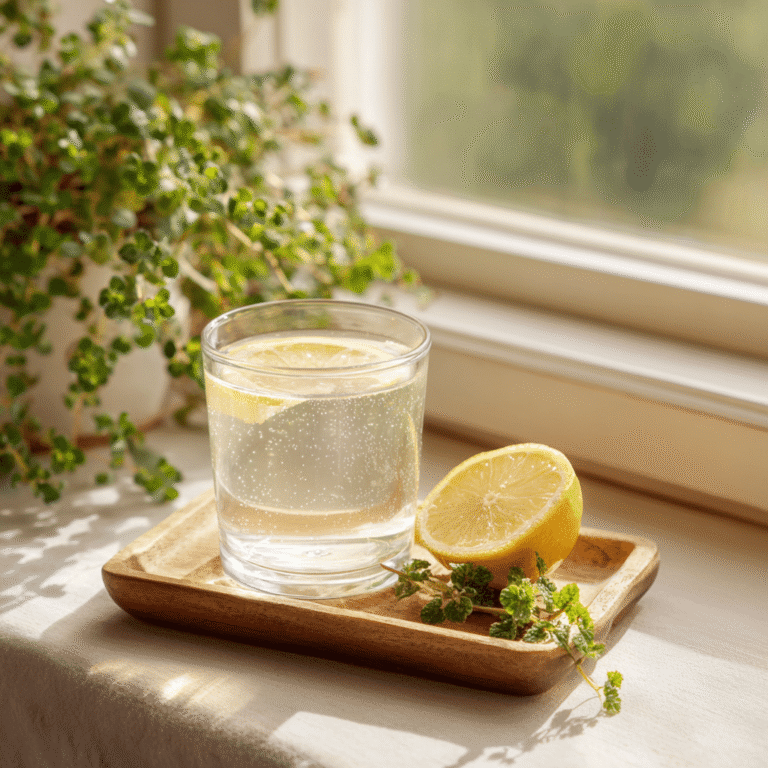 Close-up of warm saltwater cleanse drink with sea salt and lemon
