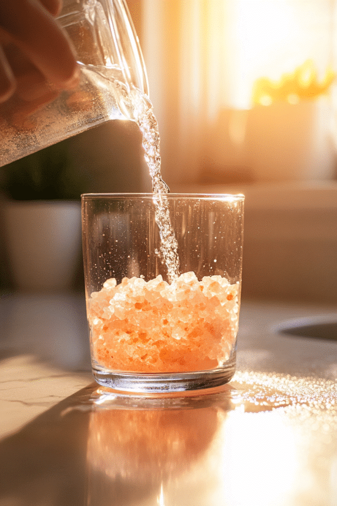 Dissolving Himalayan salt in warm water for saltwater cleanse