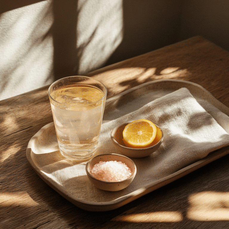 Serving warm saltwater cleanse with lemon and Himalayan salt