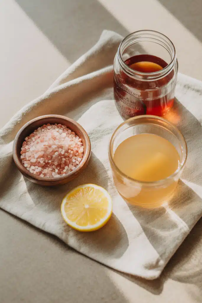 Ingredients for pink salt trick recipe including lemon, salt, and vinegar