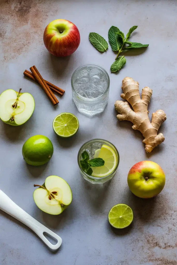 Ingredients for apple mocktail including apples and herbs