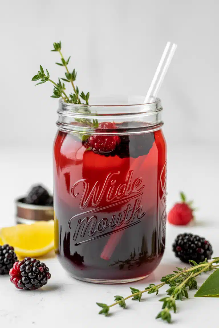 Close-up of refreshing blackberry mocktail with mint and lime