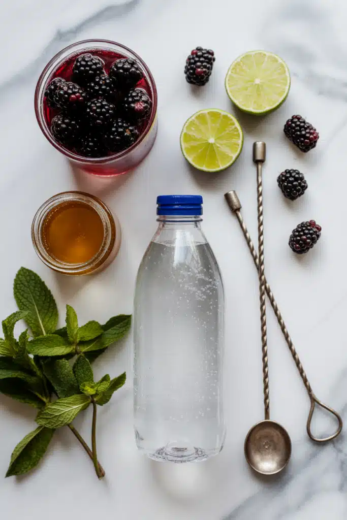 Fresh ingredients for blackberry mocktail on marble