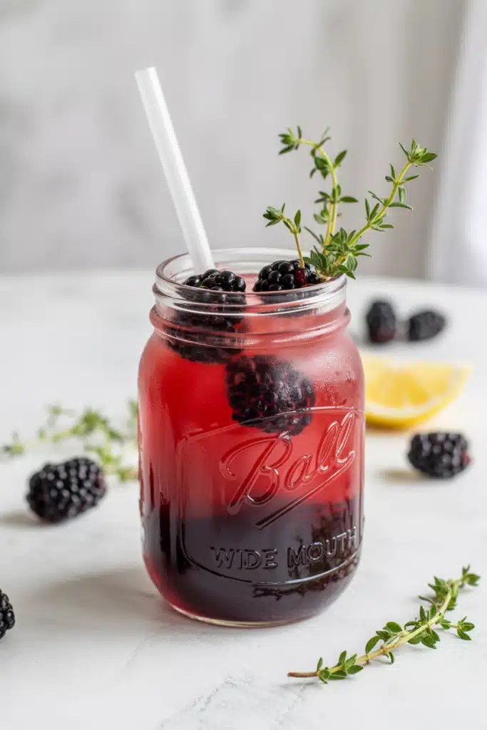 Close-up of refreshing blackberry mocktail with mint and lime